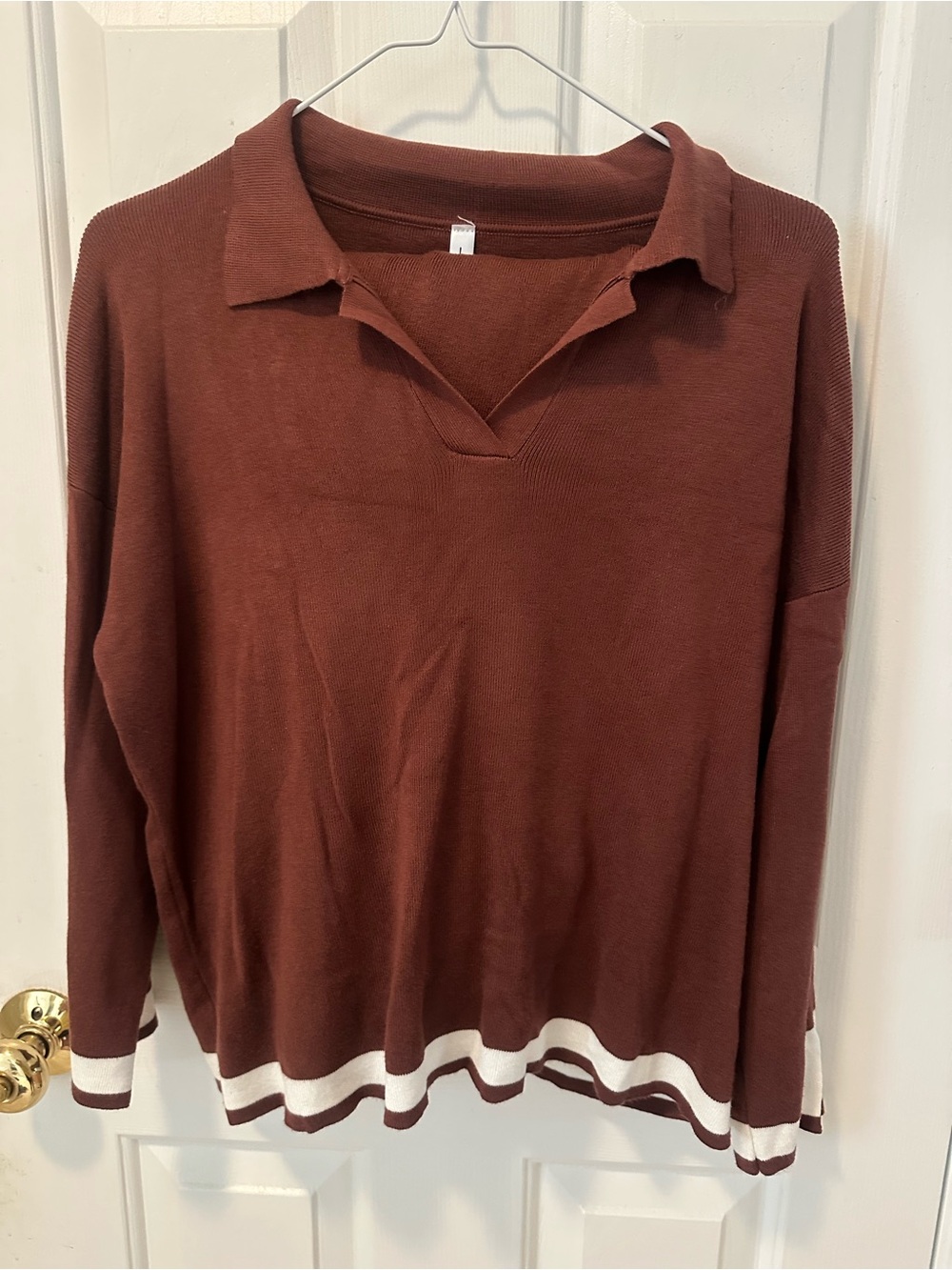 Amazon Brown Long Sleeve Polo Sweater with White Stripe